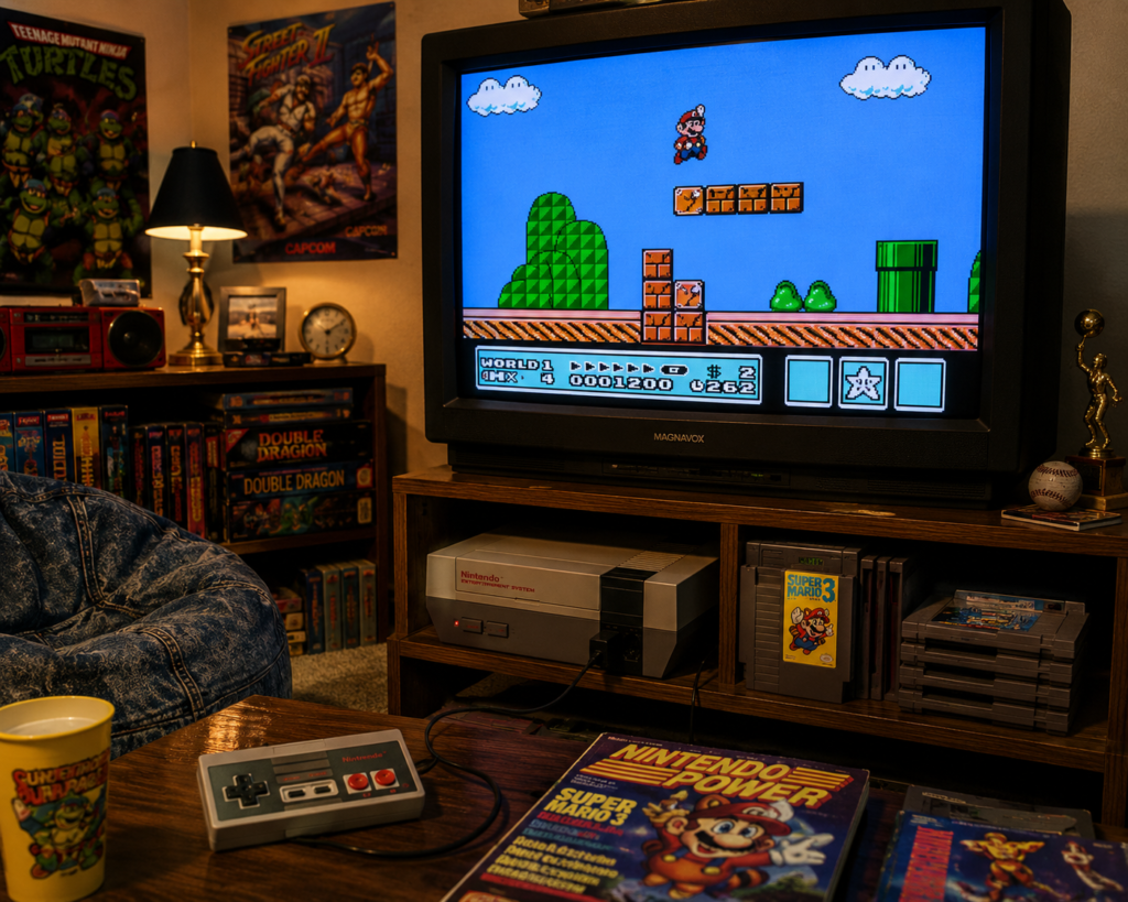 NES console hooked up to a CRT TV playing Super Mario Bros. 3 in a nostalgic 1990s gaming room.