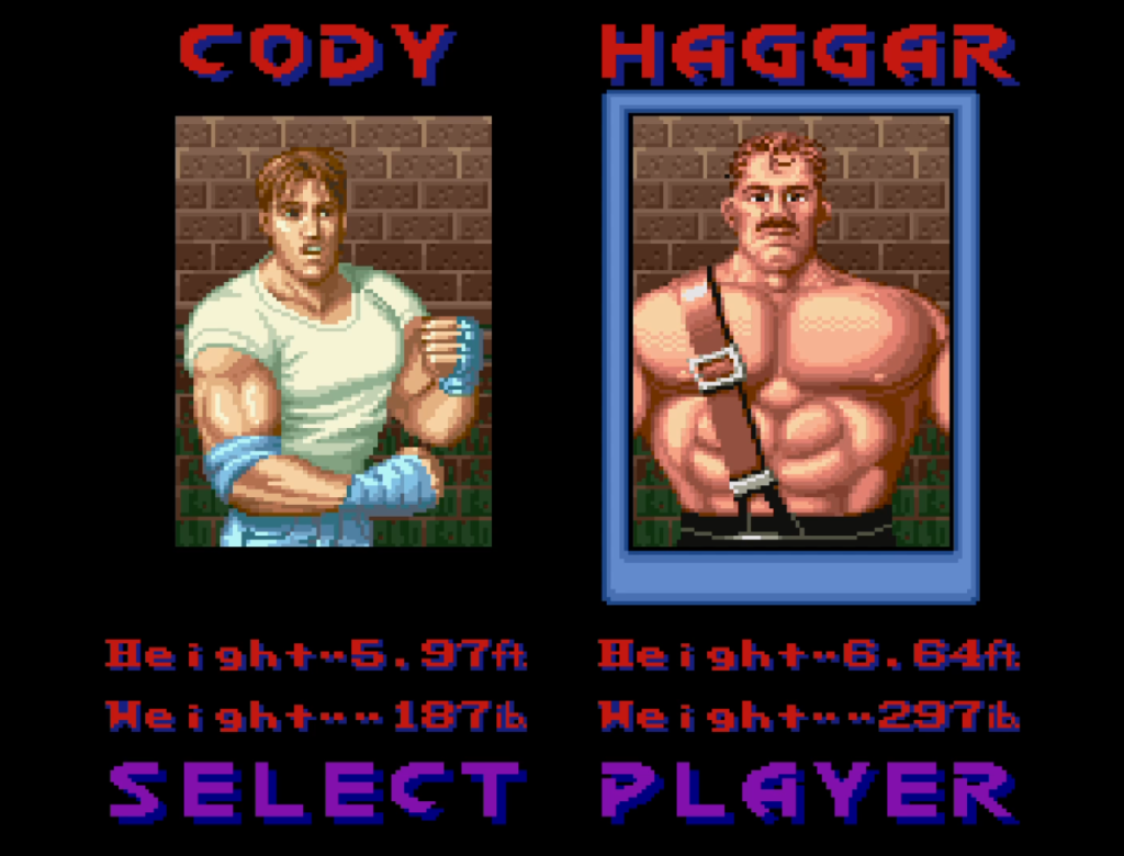 Final Fight Select Player Cody or Haggar