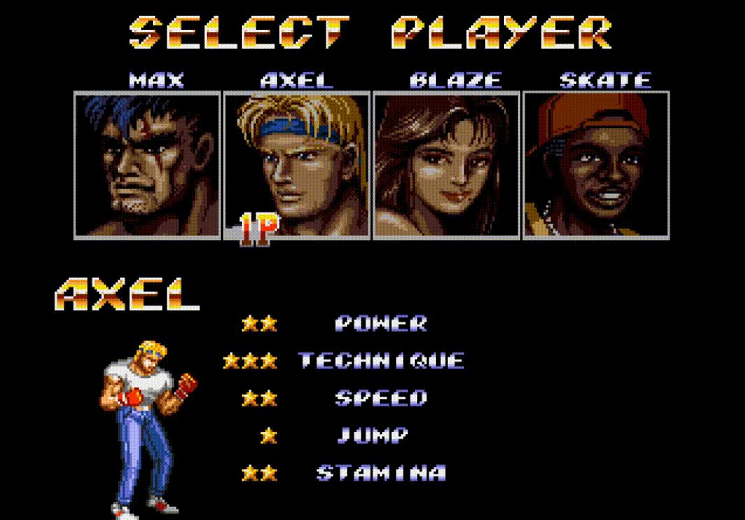 Streets of Rage 2 Character Select