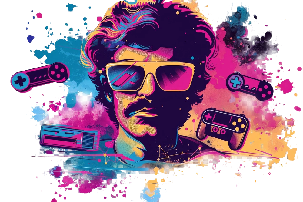 the ultimate retro gamer portrait with abstract background