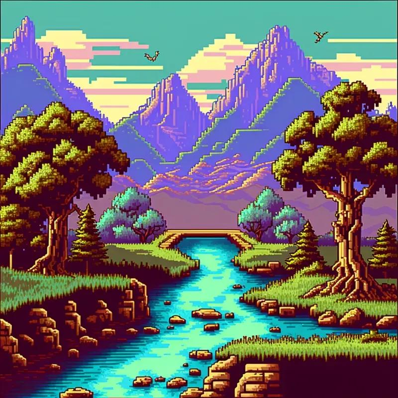 A modern 16-Bit Pixel Art showcasing The winding river, distant mountains, tiny birds, and layered trees